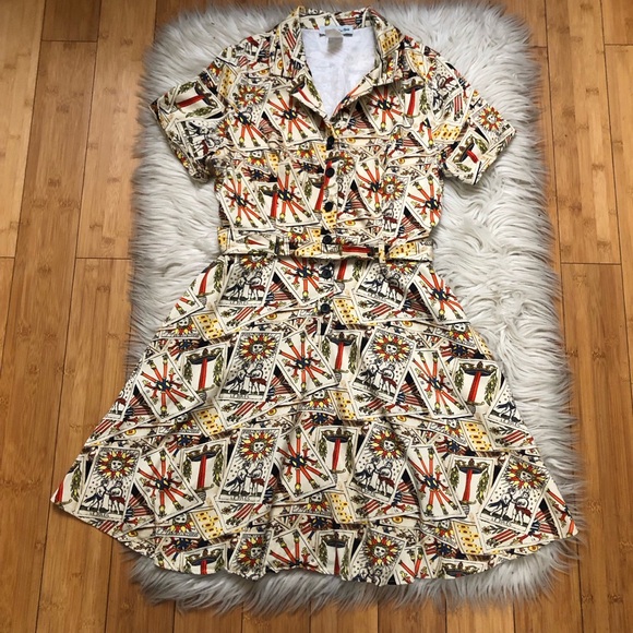 Eva Rose Dresses & Skirts - Vintage Eva Rose Retro Novelty Tarot Print Belted Fit Flare Mini Dress size M/L